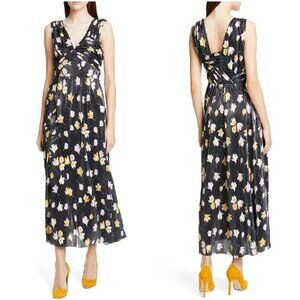 NEW Self-Portrait Black Floral Print Plissé Midi Dress $350